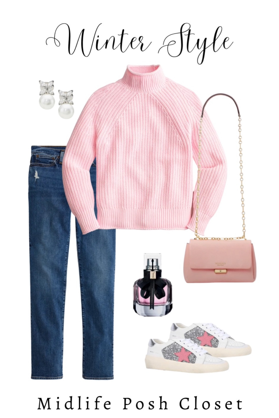 Casual Winter Outfit with pink mock neck sweater, boyfriend jeans, & sparkle sneakers  

#LTKsalealert #LTKSeasonal #LTKunder100