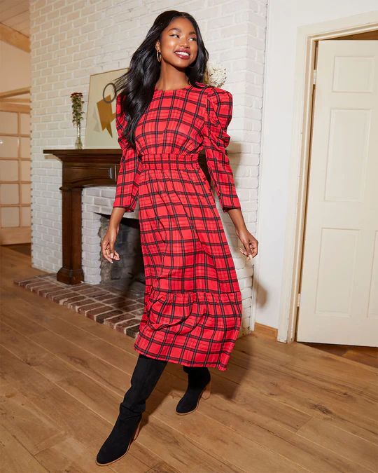 Mickey Plaid Puff Sleeve Midi Dress | VICI Collection