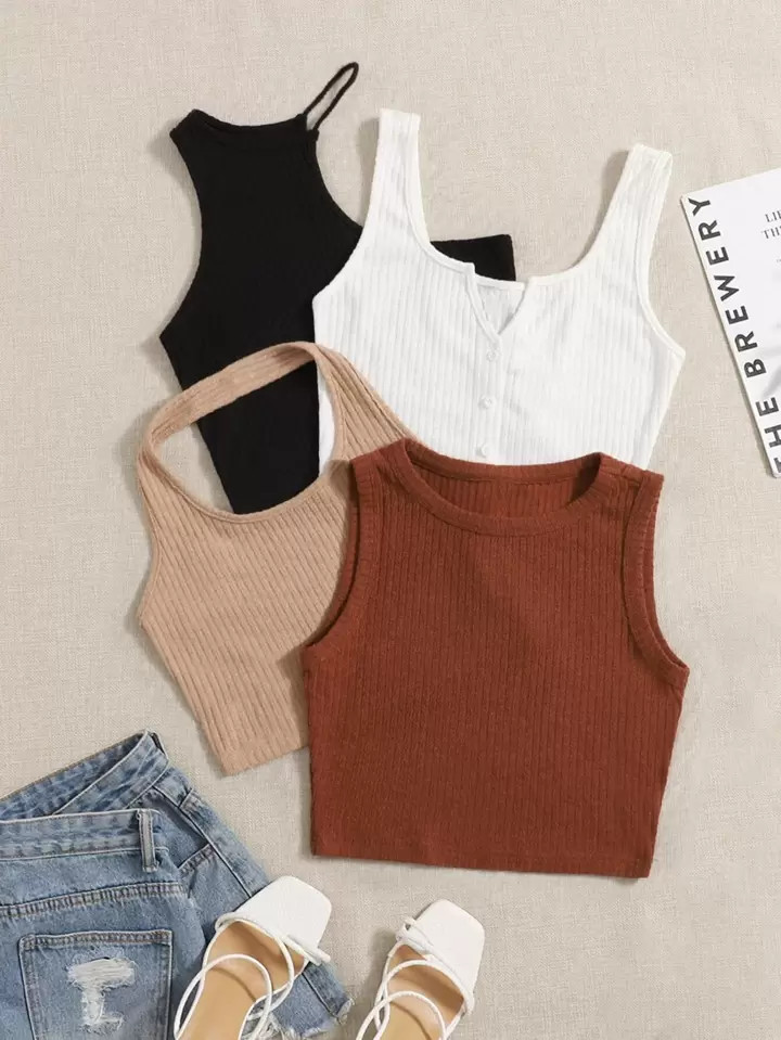 SHEIN EZwear 4pcs Solid Ribbed Knit Crop Top | SHEIN