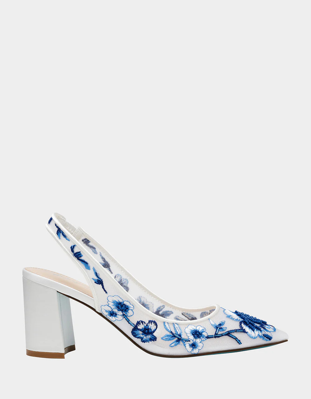 PAGE WHITE/BLUE FLORAL Slingback Floral Mesh Block Heel | Women's Heels | Betsey Johnson
