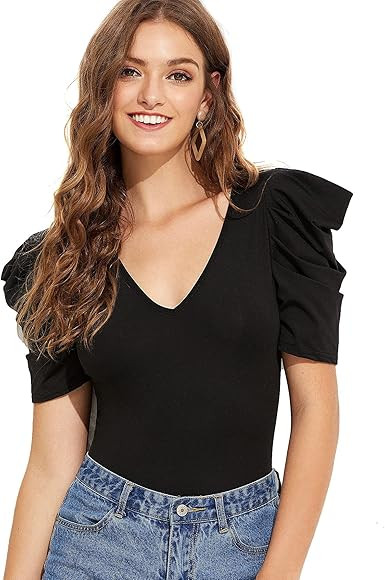 DIDK Women's Plain V Neck Solid Puff Sleeve Wrap Bodysuit | Amazon (US)