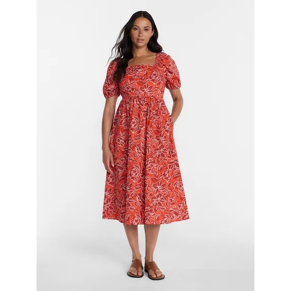 Time and Tru Women's Tie Back Cotton Midi Dress with Short Puff Sleeves, Sizes XS-XXXL | Walmart (US)