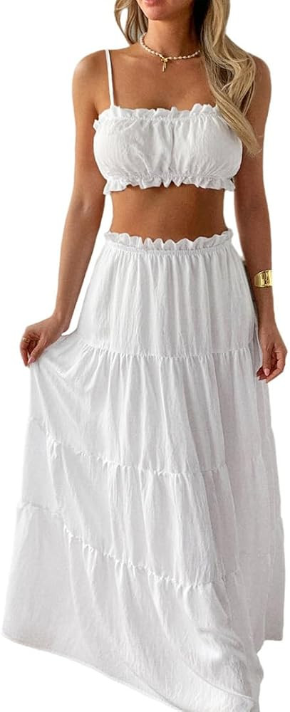 THLAI Two Piece Set for Women Ruffle Trim Cami Crop Top and Tiered Maxi Skirt Beach Vacation Outf... | Amazon (US)