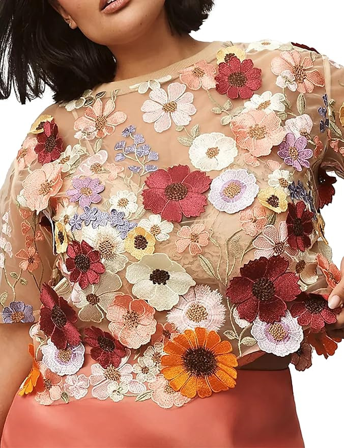Women's Embroidered 3D Floral Blouse Short Sleeve Crew Neck Sheer Lace Tee Shirts | Amazon (US)