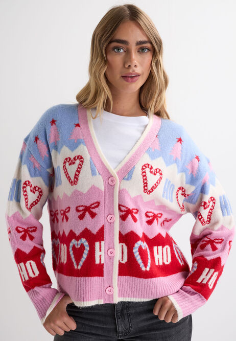 Womens Blue Fairisle Ho Ho Ho Christmas Cardigan | Peacocks