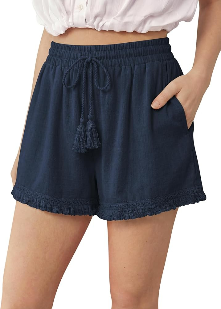 DIBAOLONG Womens Linen Shorts Elastic Waist Wide Leg Summer Beach Casual Boho Tassel Shorts with ... | Amazon (US)