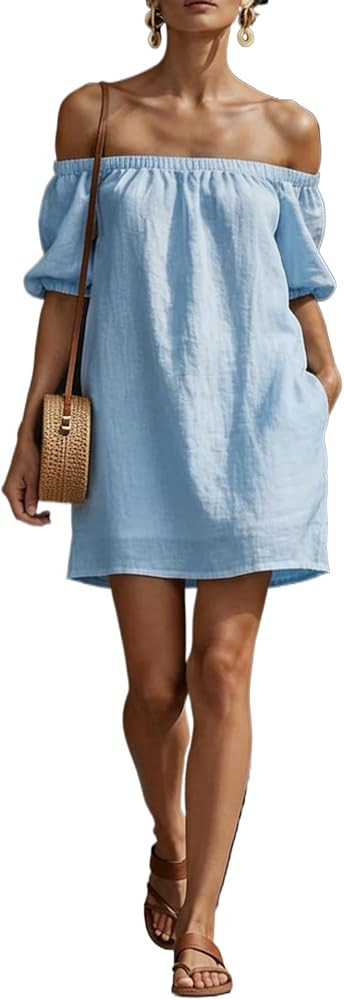 2026 Summer Off Shoulder Cotton Linen Dress for Women Short Puff Sleeve Casual Shift Mini Dress w... | Amazon (US)