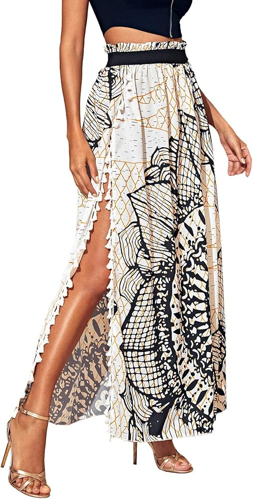 SheIn Women's Summer Boho Floral Print Fringe Split Thigh Full Length Maxi Skirt | Amazon (US)