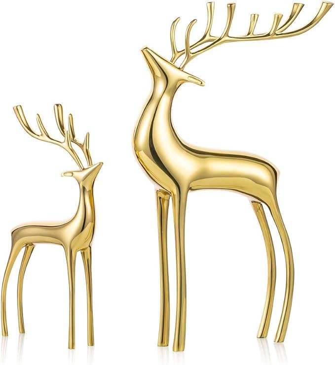 Sziqiqi Reindeer Figurine Statues Deluxe Set of 2, Christmas Deer Pure Copper Heavy Reindeer Orna... | Amazon (US)
