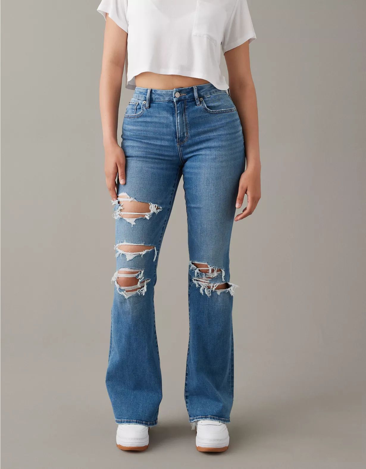 AE Stretch Curvy Ripped Super High-Waisted Flare Jean | American Eagle Outfitters (US & CA)