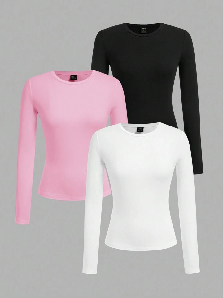 SHEIN EZwear 3pcs Women Crew Neck Tight Fit Casual Long Sleeve Tees Set, Black-White-Pink, Suitab... | SHEIN