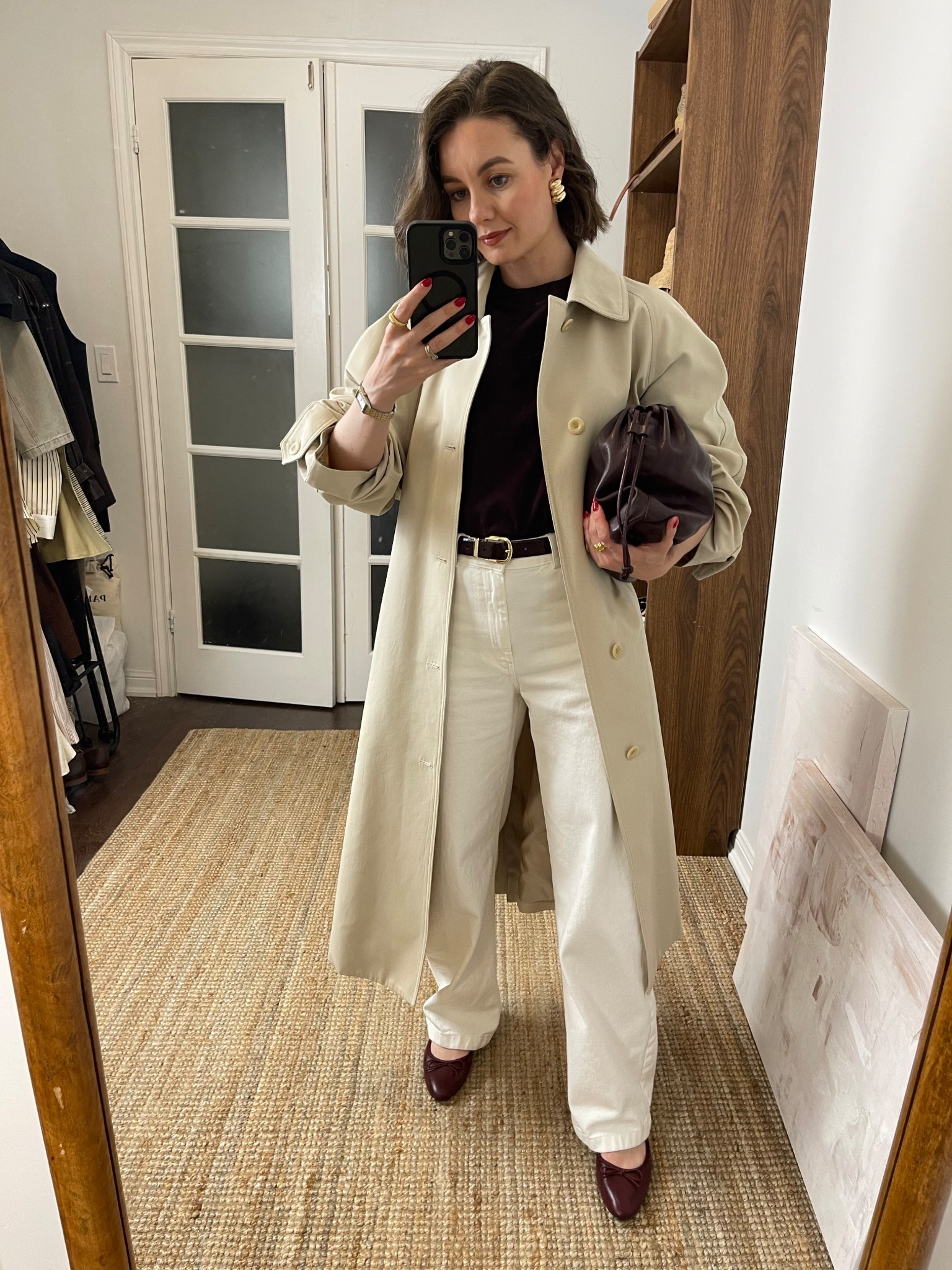 Burgundy t-shirt, burgundy ballet flats, trench coat, white jeanss

#LTKSeasonal #LTKStyleTip #LTKFindsUnder100