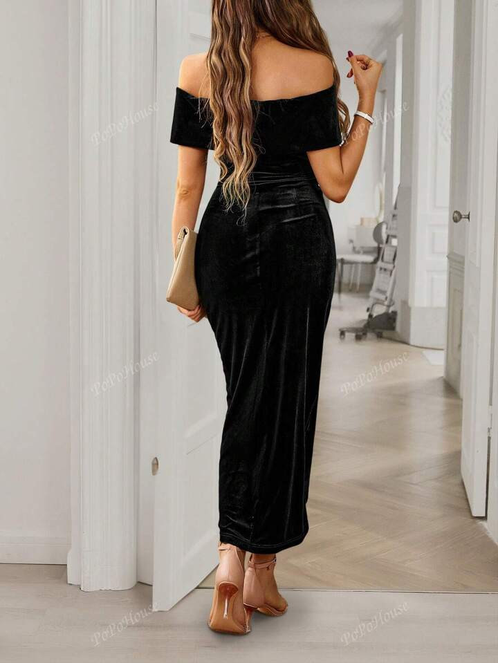 Foldover Off Shoulder Wrap Hem Velvet Cocktail Dress Elegant Prom Semi Formal Wedding Guest Dress... | SHEIN