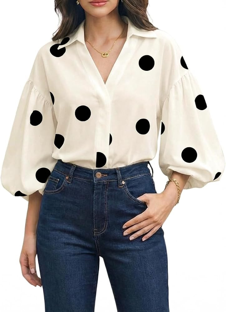 Womens Fashion Loose Long Sleeve Polka Dot Top V Neck Lantern Long Sleeve Shirts Blouses Dressy C... | Amazon (US)