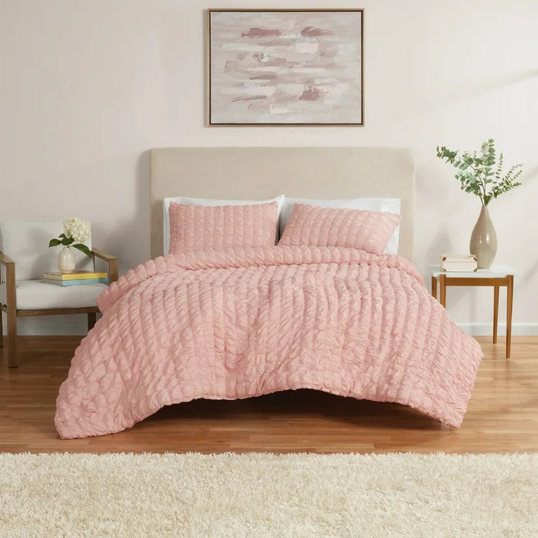Mainstays 3-Piece Seersucker Comforter Set, Pink Blush, King, All Ages, Females | Walmart (US)