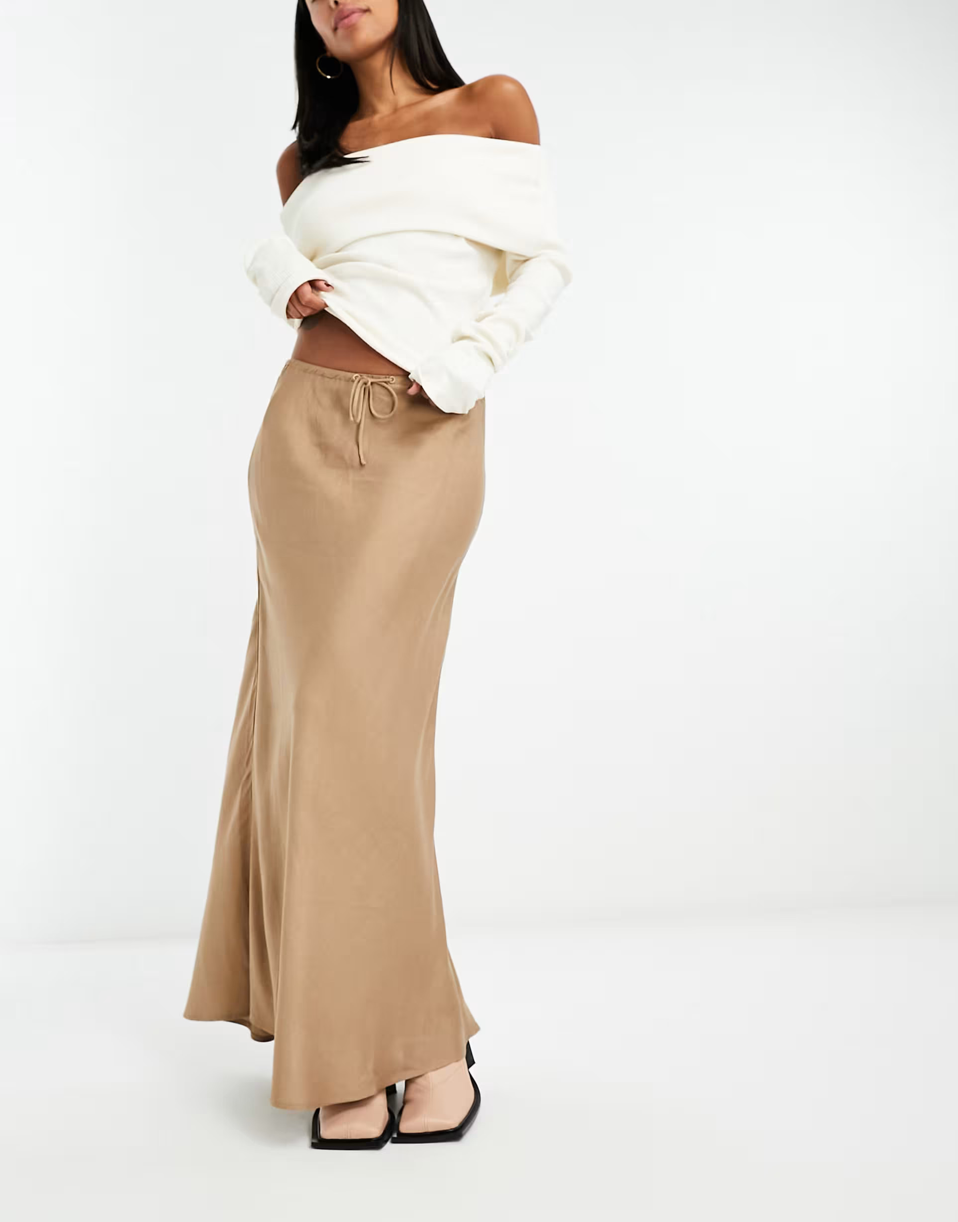 Mango maxi skirt with tie waist in light brown | ASOS (Global)