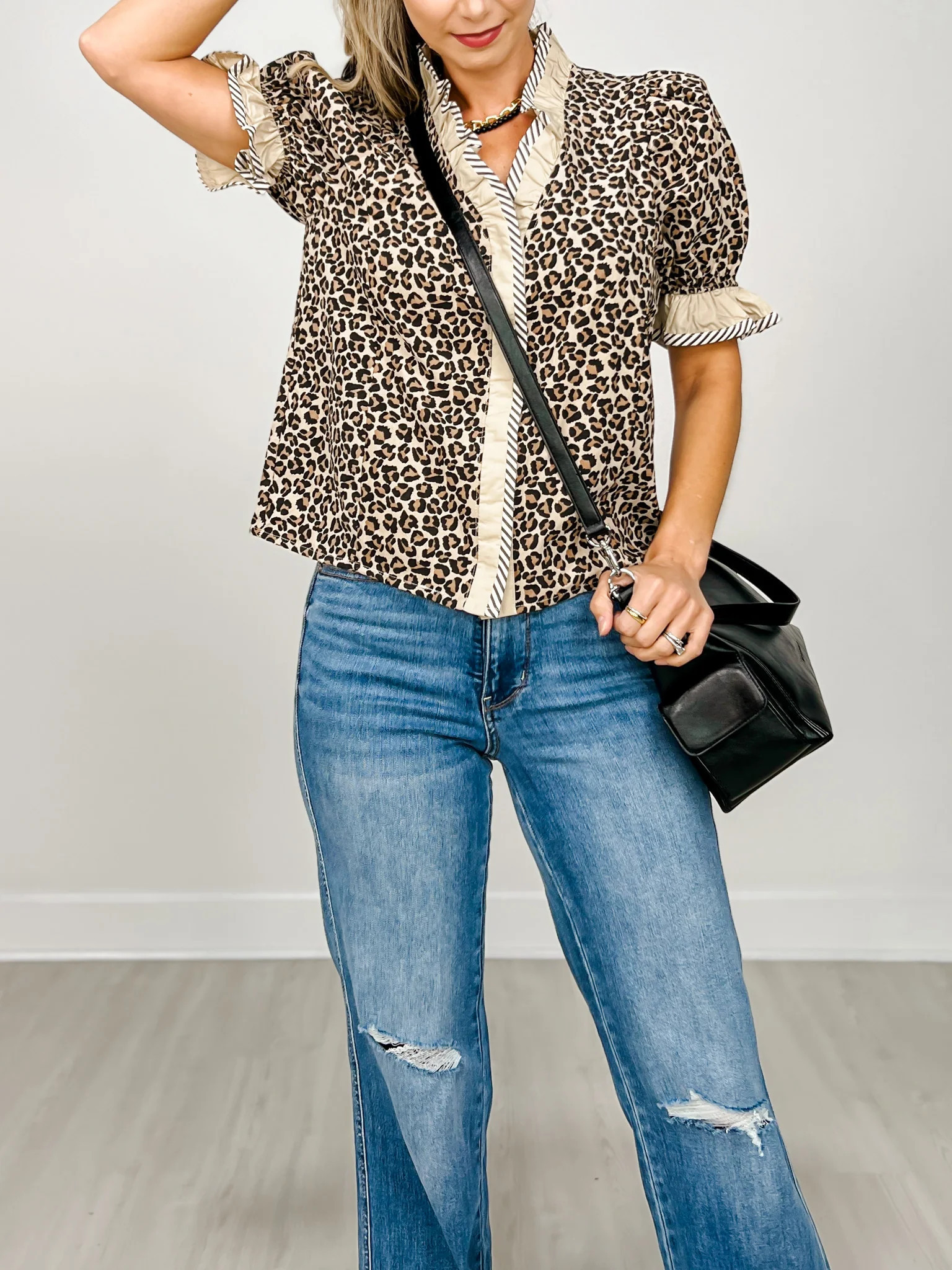 Leopard Print Button Down Top with Ruffled Hem and Sleeves | Emma Lou's Boutique