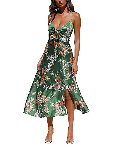 Fashionme Women Spaghetti Strap Midi Satin Dresses Tie Front Backless Split Summer Casual Floral Dress Hollow Flowy Slip Dress Sundresses Wedding Guest Beach Cocktail Graduation | Amazon (US)