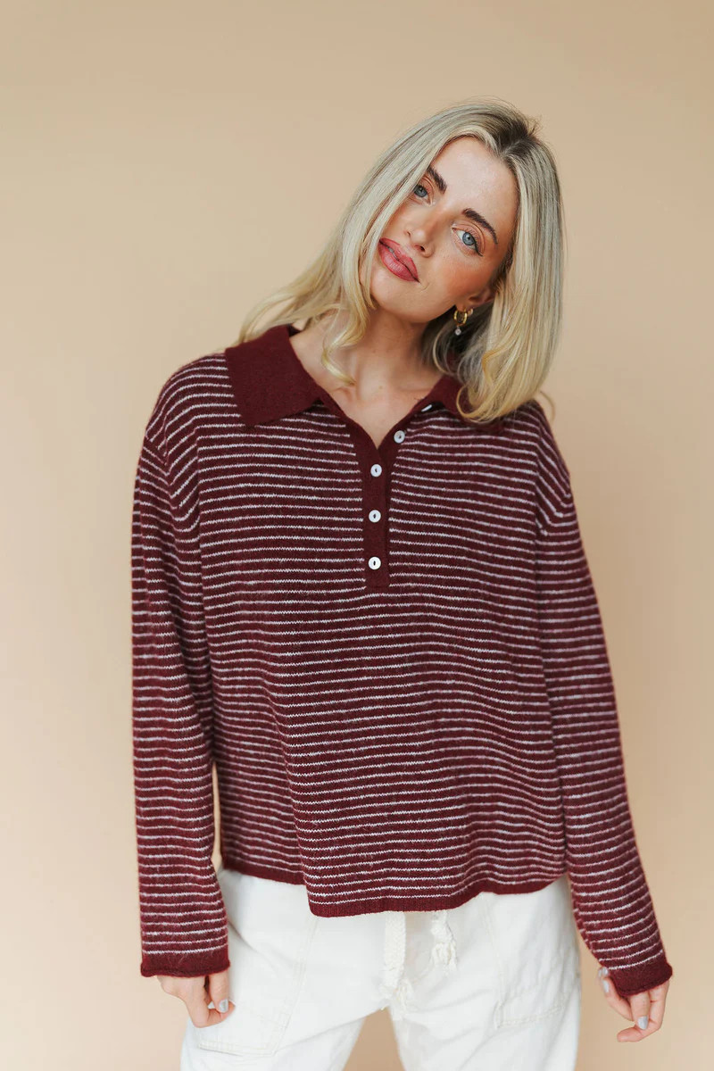 Logan Stripe Henley in Wine | Henly