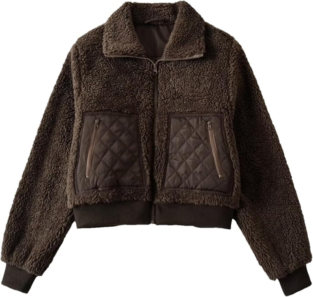 Womens Cropped Fleece Sherpa Jackets Full Zip Warm Faux Fur Coat Patchwork Jackets with Pockets | Amazon (US)