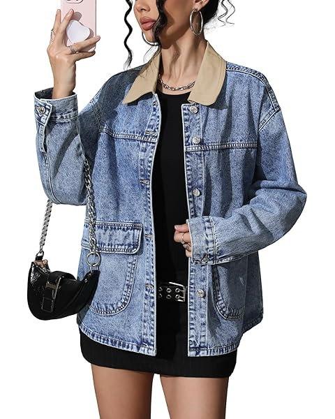 Lumister Women's Oversized Denim Jacket with Contrast Trim Long Sleeve Button Down Jean Coat with... | Amazon (US)