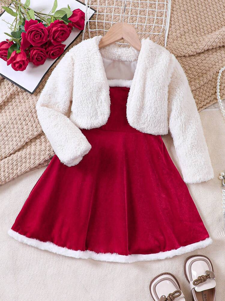 Young Girls Christmas Element Fluffy Cardigan Long Sleeve Jacket And Spaghetti Strap Plush Dress ... | SHEIN