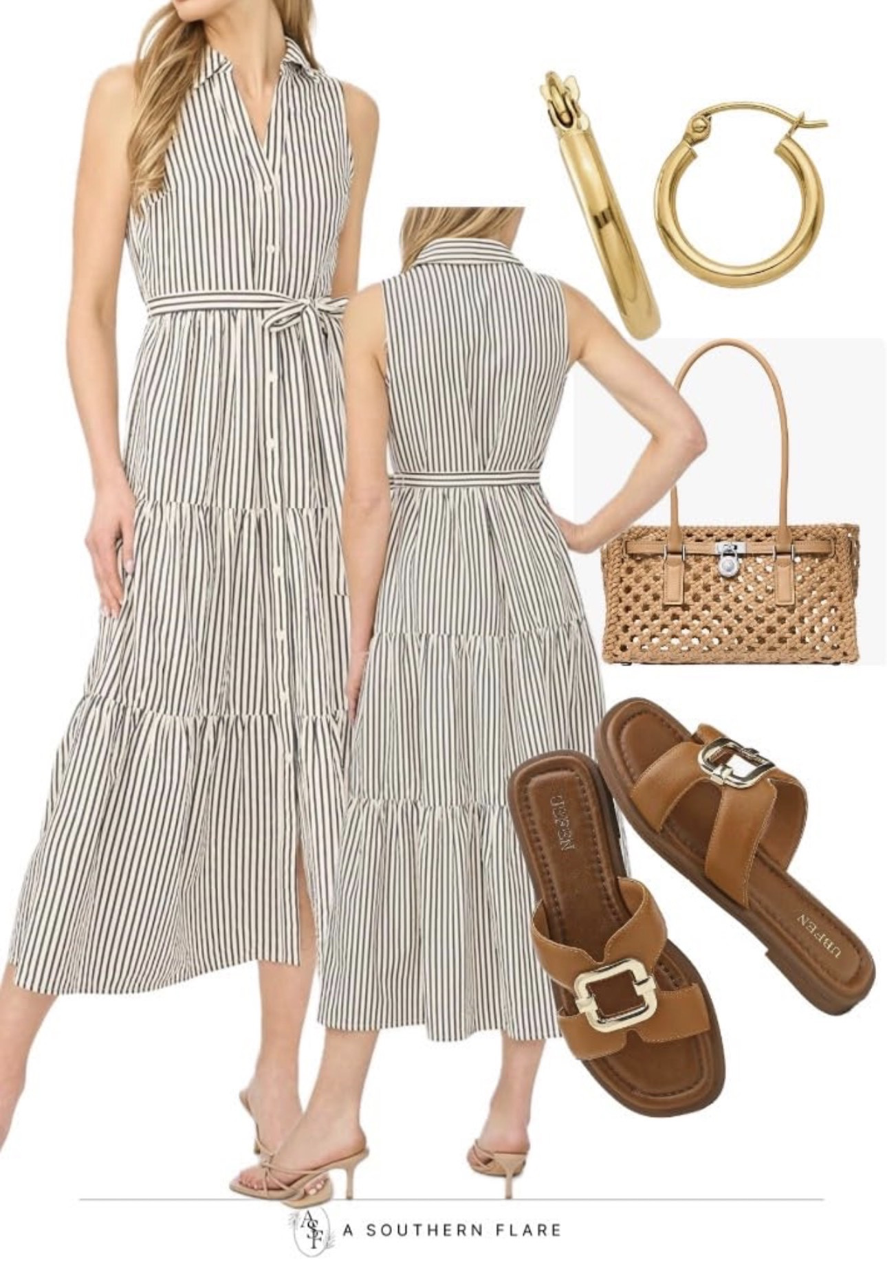 Summer essentials, check! Striped dresses, chic sandals, and gold hoops. Perfect for a day out! #SummerDress #TravelStyle
