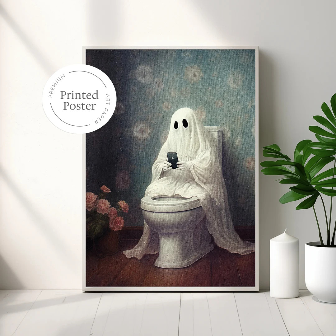 Ghost on Toilet Looking at Phone, Ghost in Bathroom Print, Vintage Poster, Dark Academia, Hallowe... | Etsy (US)
