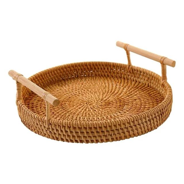 Small Wicker Baskets Tray, Rattan Round Serving Trays with Wooden Handles, Woven Boho Decor Tray ... | Walmart (US)