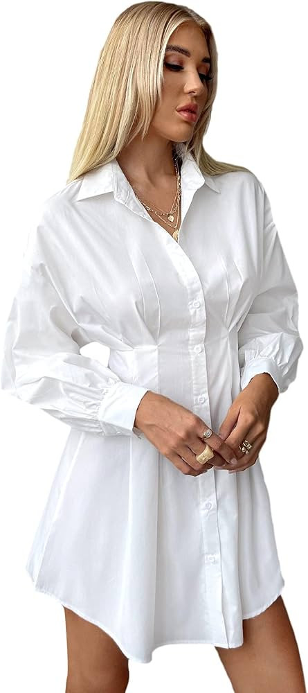 SheIn Women's Pleated Long Sleeve Mini T Shirt Dress Lapel Collar Button Flared Short Dresses | Amazon (US)