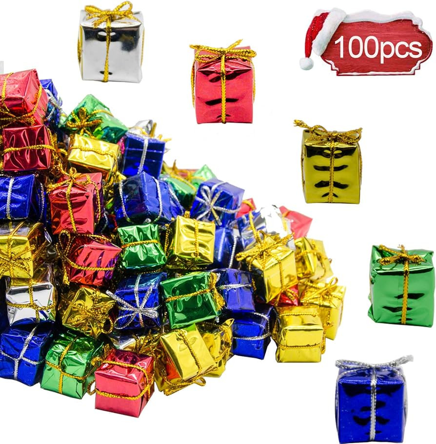 100 Pcs Christmas Shiny Mini Boxes Ornaments, Assorted Colors Metallic Foil Wrapped Ornaments Dec... | Amazon (US)