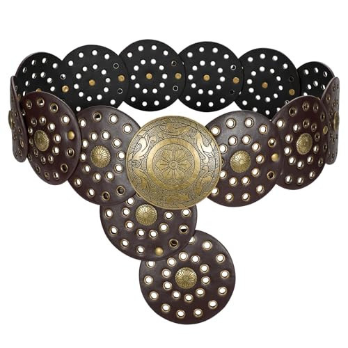 LEACOOLKEY Women's Boho Disc Belt Wide Western Leather Belt Vintage Concho Waist Belt for Dress Jeans | Amazon (US)