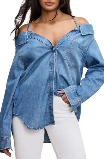 Good American Off the Shoulder Denim Shirt in Indigo772 at Nordstrom Rack, Size Small | Nordstrom Rack
