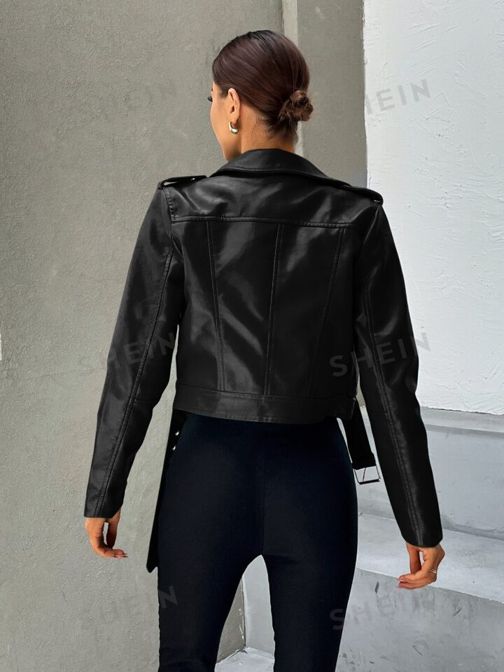 SHEIN Essnce Zip Up Belted PU Leather Moto Jacket | SHEIN
