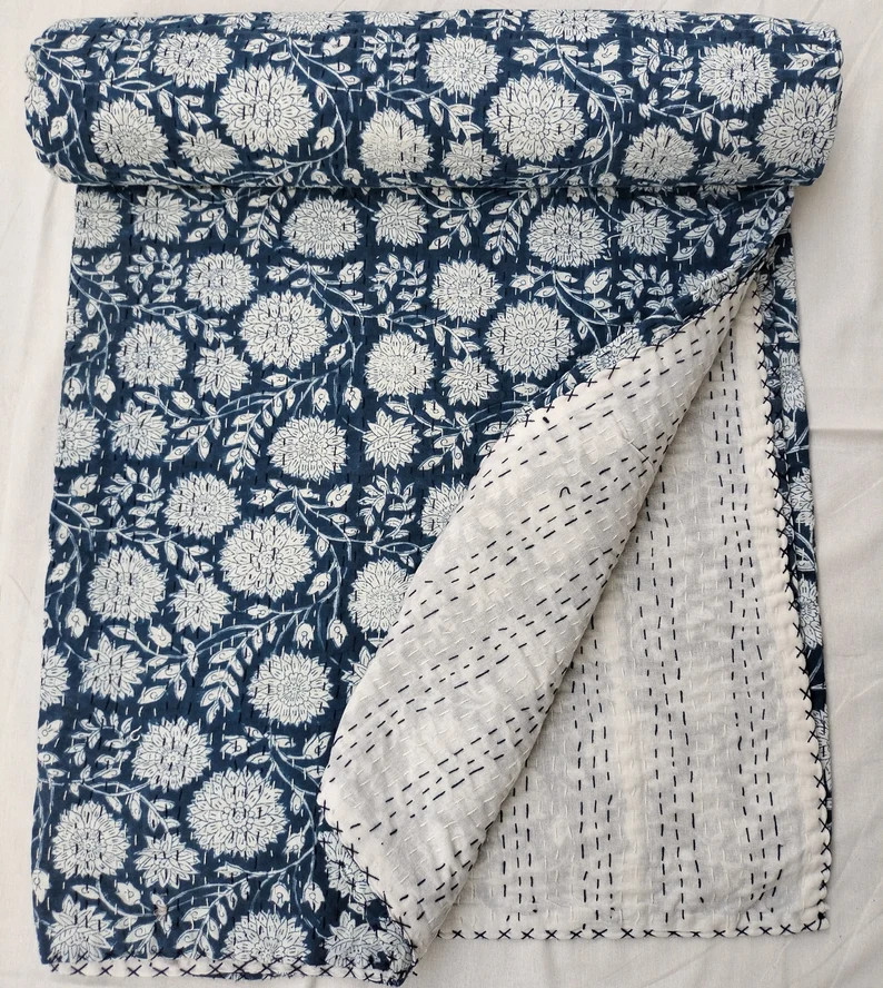 Indian Handmade HandBlock Blue 100% Pure Cotton Floral Printed Bedspread Kantha Quilt Bedding Thr... | Etsy (US)