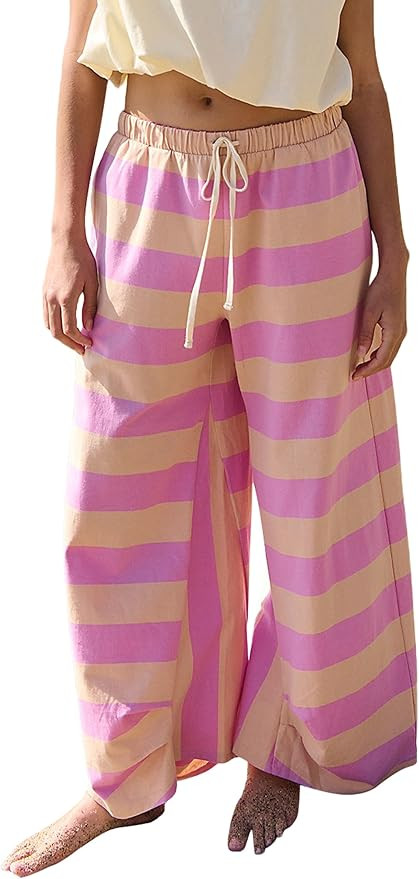 MSBESYOR Striped Lounge Pants for Women Summer Beach Trousers Drawstring Wide Leg Color Block Pan... | Amazon (US)