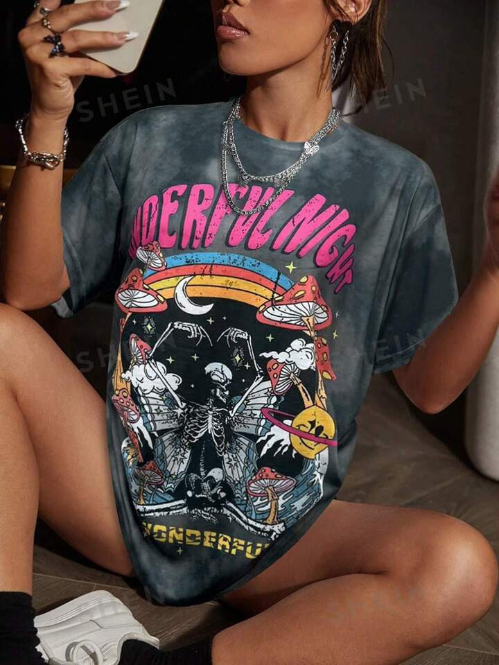 SHEIN Coolane Summer Short Sleeve Tie Dye T-Shirt With Skull, Butterfly, Mushroom And Letter Prin... | SHEIN