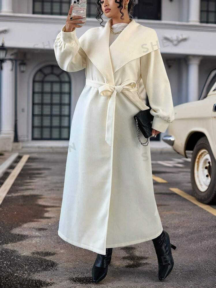 SHEIN Privé Plus Size Elegant Minimalist Lapel Belt Long Overcoat, Autumn/Winter | SHEIN
