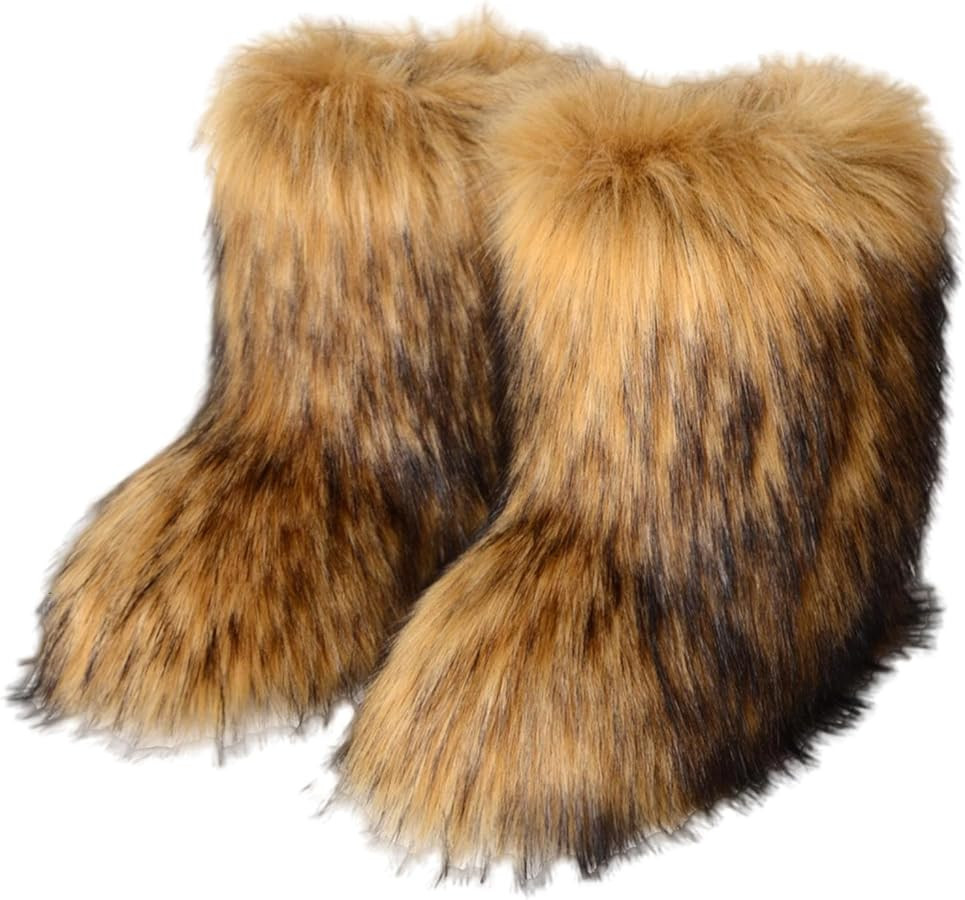 Womens Faux Fur Boots Fuzzy Fluffy Furry Round Toe Suede Boots Winter Comfy Plush Warm Snow Boots... | Amazon (US)