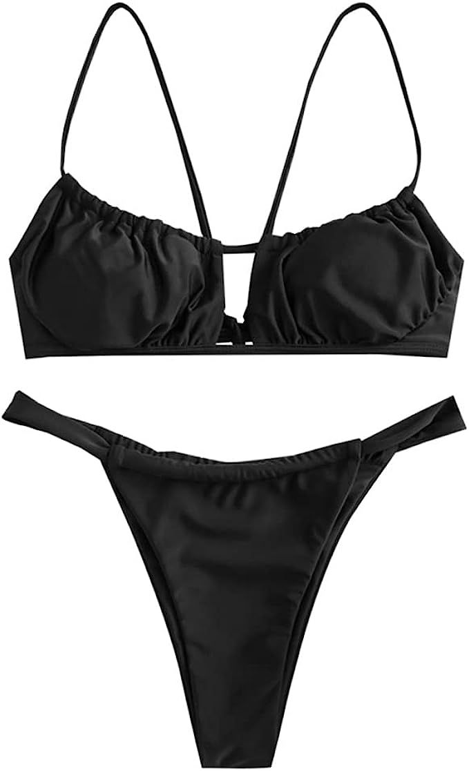 ZAFUL Women's Spaghetti Strap Cutout Keyhole Ruched Tie Cami Bikini Set Swimsuit | Amazon (US)