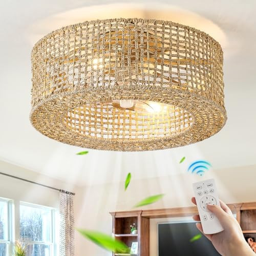 Boho Caged Ceiling Fan with Light 20" Rattan Ceiling Fan, Handmade Hidden Enclosed Kitchen Ceilin... | Amazon (US)
