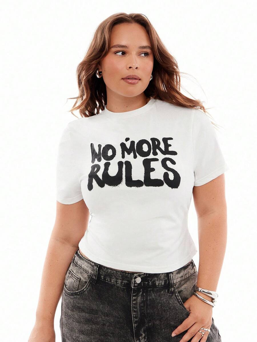 Solavibe Plus Size Short Sleeve T-Shirt With Printed Text Design, NO MORE RULES For Summer | SHEIN
