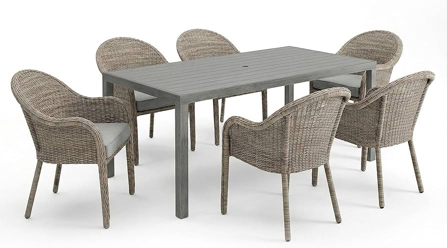 Martha Stewart Bedford 7-Piece Patio Set, 62" x 35" Gray Brushed Woodgrain Aluminum Table, 6 Weat... | Amazon (US)