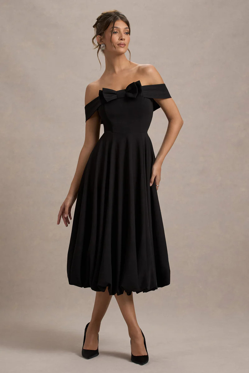 Calliopia | Black Bow Bardot Midi Dress With Puff-Ball Skirt | Club L London