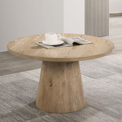 Contemporary Style Round Coffee Table With Cone Shape Pedestal Base Rubberwood Structure Oak Finish | Target