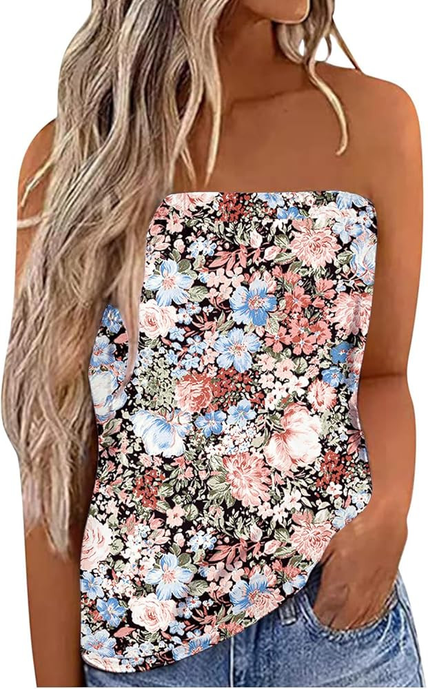 IWOLLENCE Women's Floral Tube Tops Casual Summer Backless Strapless Top Sleeveless Bandeau Tanks ... | Amazon (US)