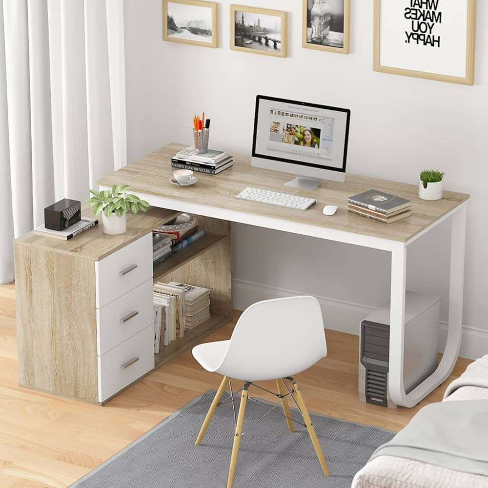 Homsee Home Office Computer Desk Corner Desk with 3 Drawers and 2 Shelves, 55 Inch Large L-Shaped... | Amazon (US)