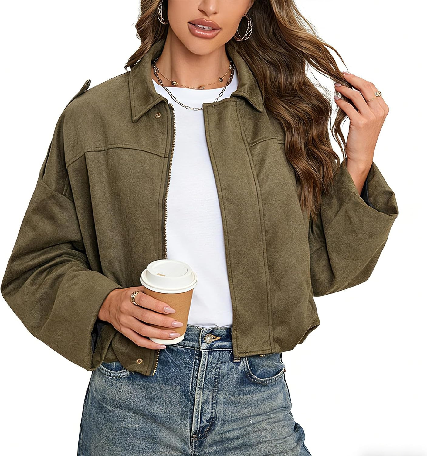 LEACOOLKEY Women's Faux Suede Bomber Jacket Casual Pilot Coat Oversized Spring Fall Batwing Long Sleeve Streetwear Outwear | Amazon (CA)