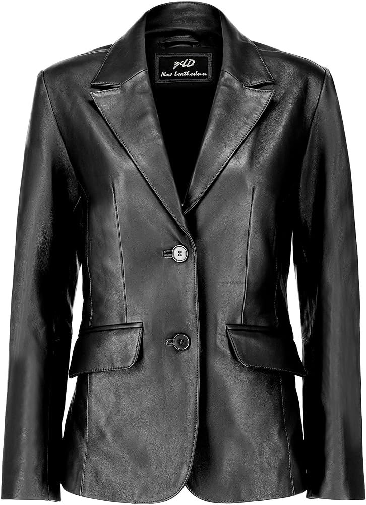 Jild Classic 2-Button Lambskin Leather Blazer Women - Casual Coat Long Sleeves Suit Style Leather... | Amazon (US)