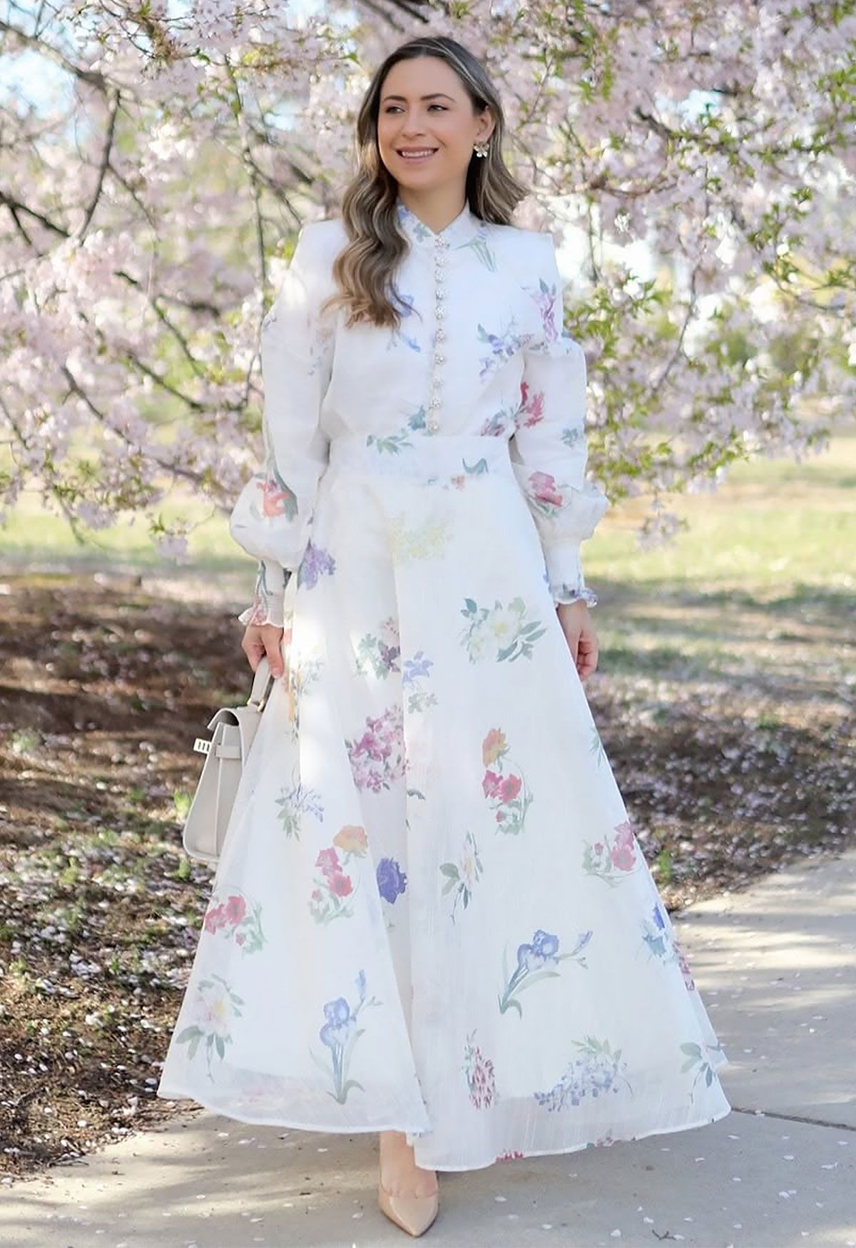 Botanical Printed Puff Sleeve Organza Shirt and Maxi Skirt Set in White | Chicwish